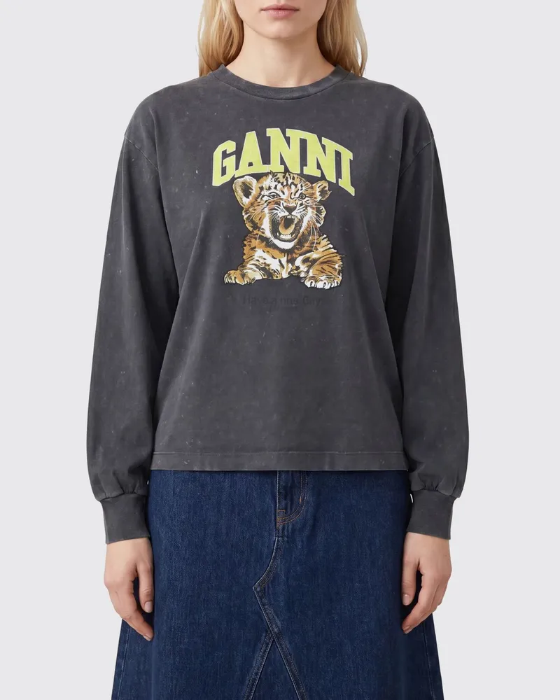 Ganni Baumwoll-Sweatshirt mit Logo-Print und überschnittenen Schultern Charcoal