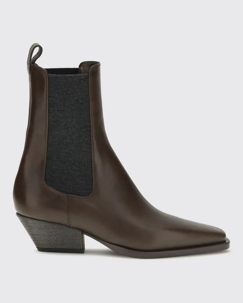 Brunello Cucinelli Chelsea-Stiefel aus glattem Kalbsleder mit spitzer Kappe und Monili Braun