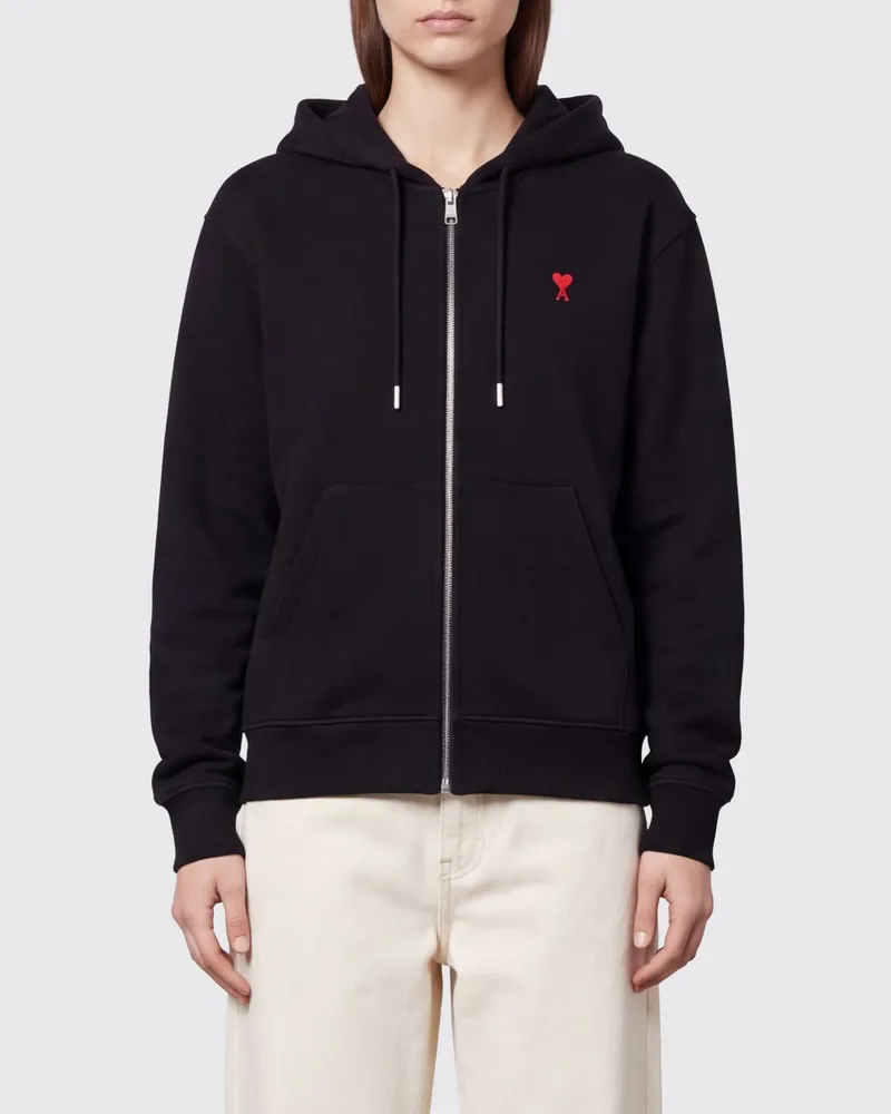 AMI Paris Baumwoll-Kapuzenjacke mit Reißverschluss, gesticktem Logo und Kängurutasche Schwarz