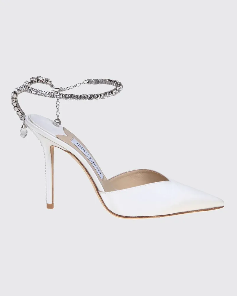 Jimmy Choo Saeda Pumps aus Satin mit Kristallverzierung und hohem Absatz Weiß