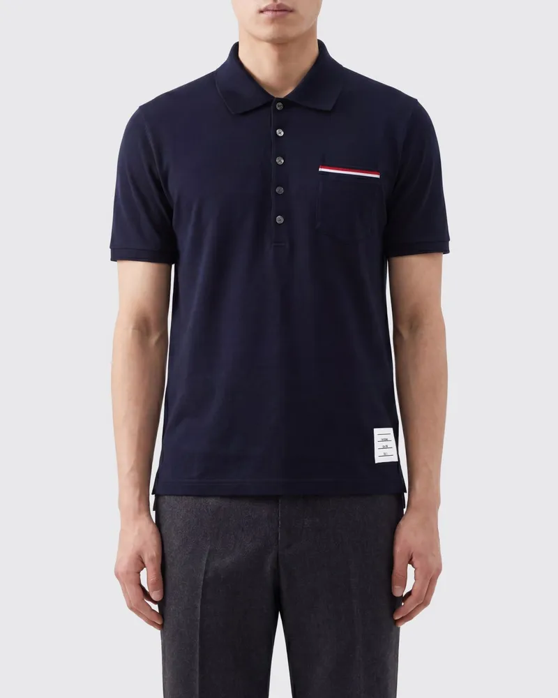 Thom Browne Kurzarm-Polohemd aus Piqué-Baumwolle mit Bar-Logo Blau