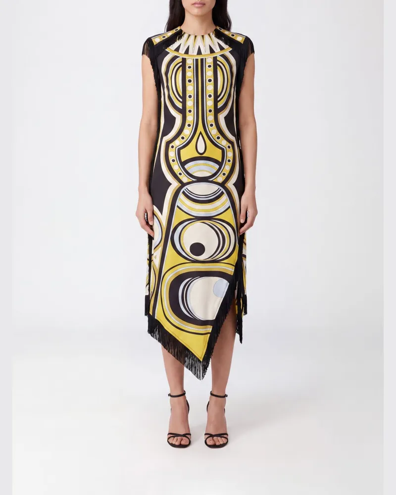 La DoubleJ Scarf Seiden-Midikleid mit ethnischem Muster und asymmetrischem Saum Bunt
