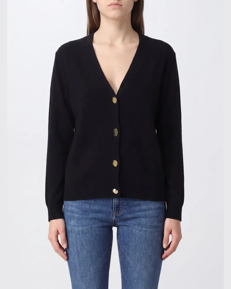 Liu Jo Cardigan aus Wollmischung mit V-Ausschnitt und Metallic-Logo Schwarz
