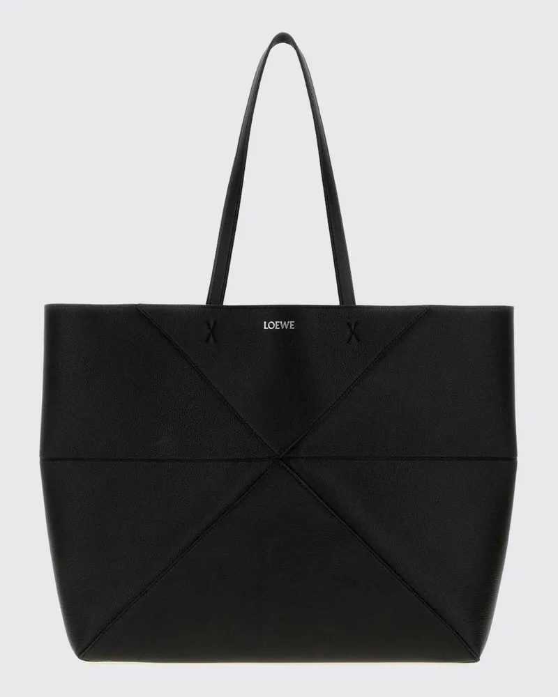 Loewe Große Puzzle Fold Tote Bag aus Kalbsleder mit laminiertem Logo Schwarz
