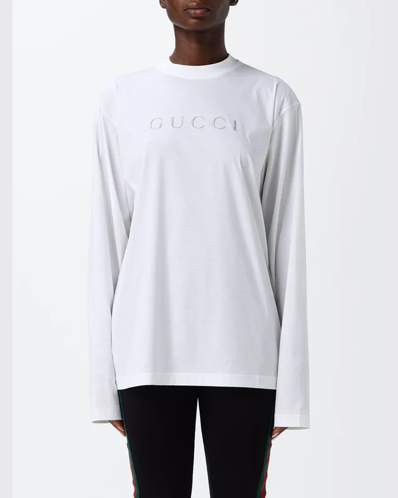 Gucci Langärmeliges T-Shirt aus Baumwolle mit Kontrastlogo Weiß