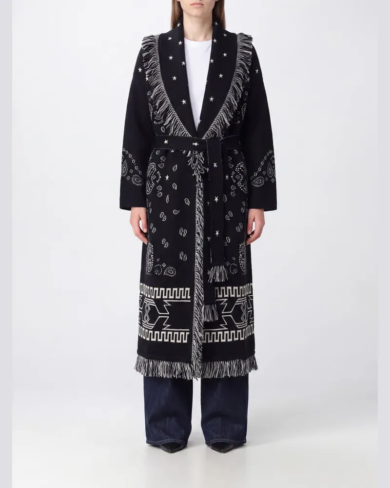 Alanui Langer Jacquard-Cardigan aus Schurwolle im Robenstil mit Fransen Schwarz