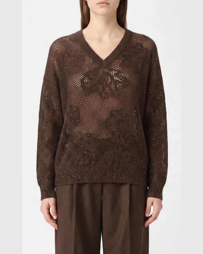Brunello Cucinelli V-Ausschnitt-Pullover aus Wollmischung mit Pailletten Braun