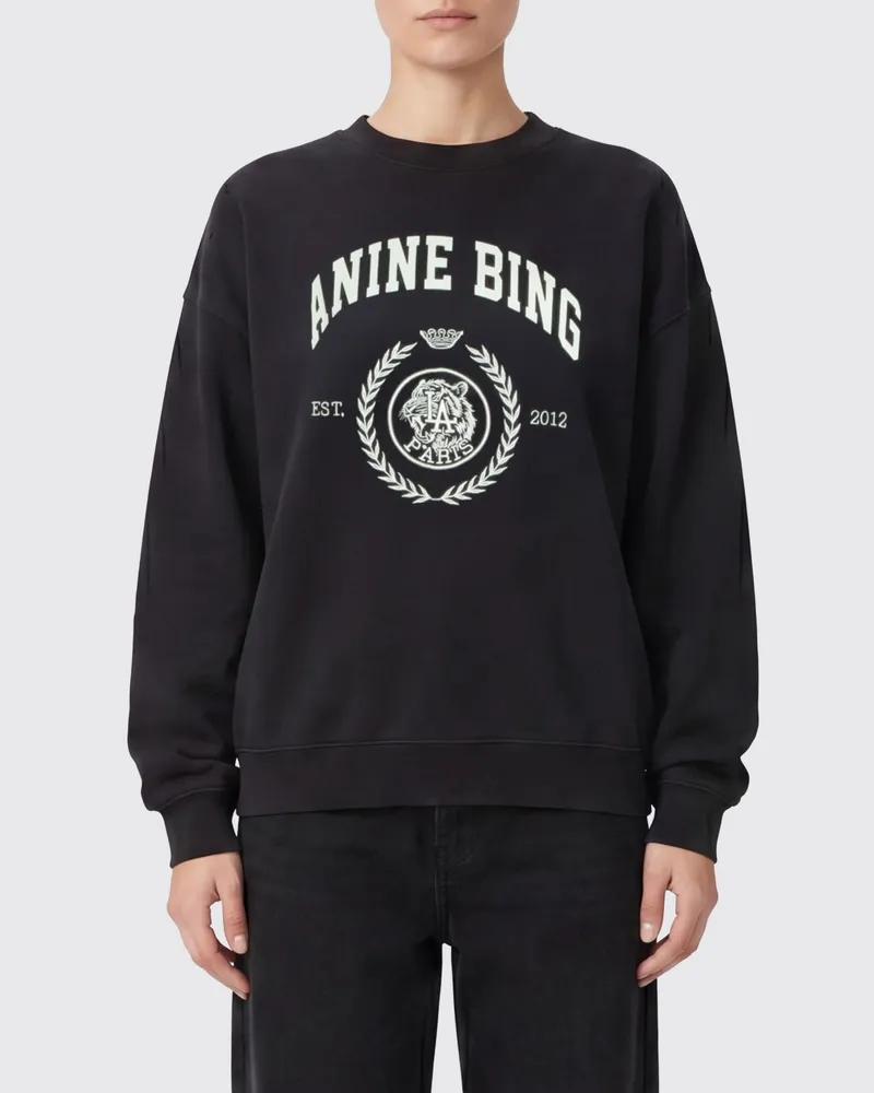 Anine Bing Baumwoll-Sweatshirt mit Rundhals, Logo und überschnittenen Schultern Grau