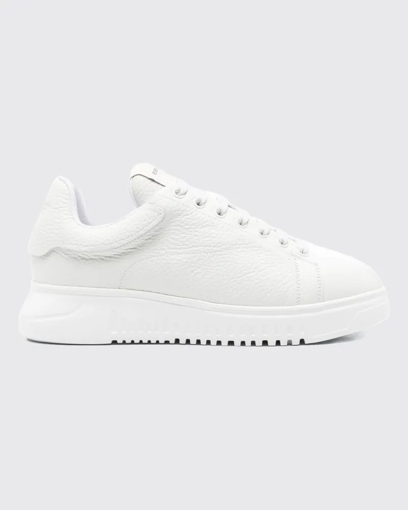 Emporio Armani Low-Top-Sneakers aus genarbtem Rindsleder mit runder Kappe Weiß