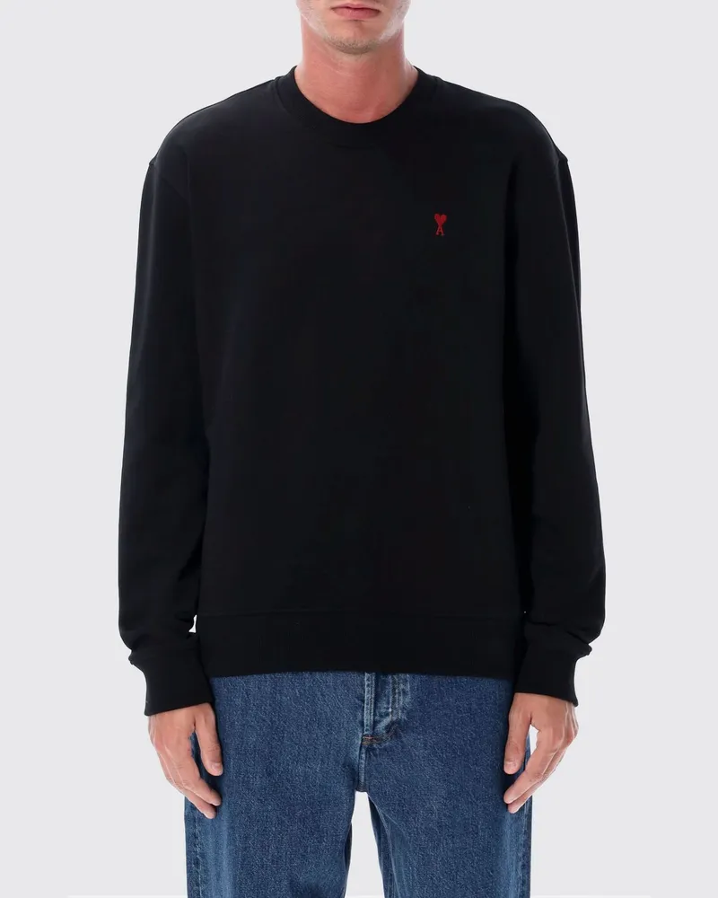 AMI Paris Relaxed-Fit Baumwoll-Sweatshirt mit Rundhalsausschnitt und Kontrast-Logostickerei Schwarz