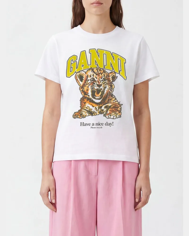 Ganni Baumwoll-T-Shirt mit Rundhalsausschnitt mit Kontrast-Logo-Druck Weiß