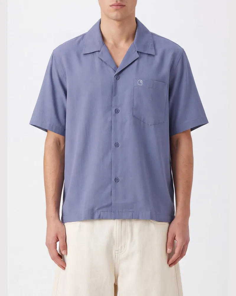 Carhartt WIP Kurzärmeliges Baumwollhemd mit kubanischem Kragen und Logo Blau