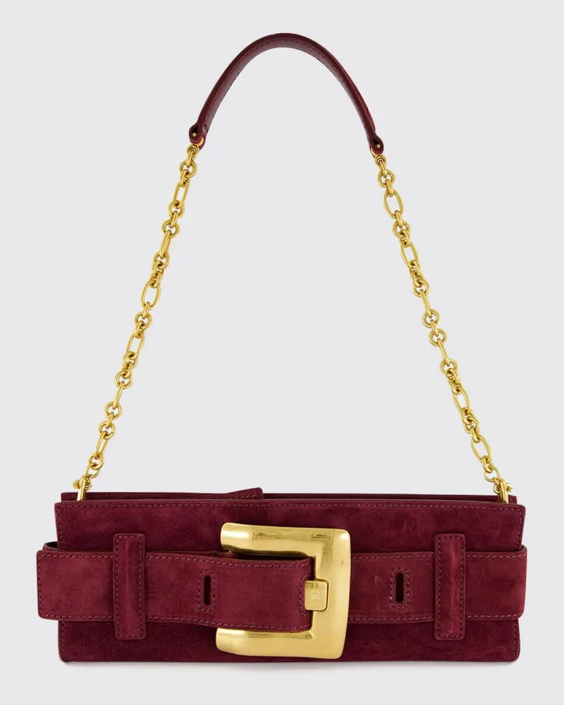 Balmain Anthem Wildleder-Schultertasche mit Logo-Schnalle und Kettengurt Burgunderrot