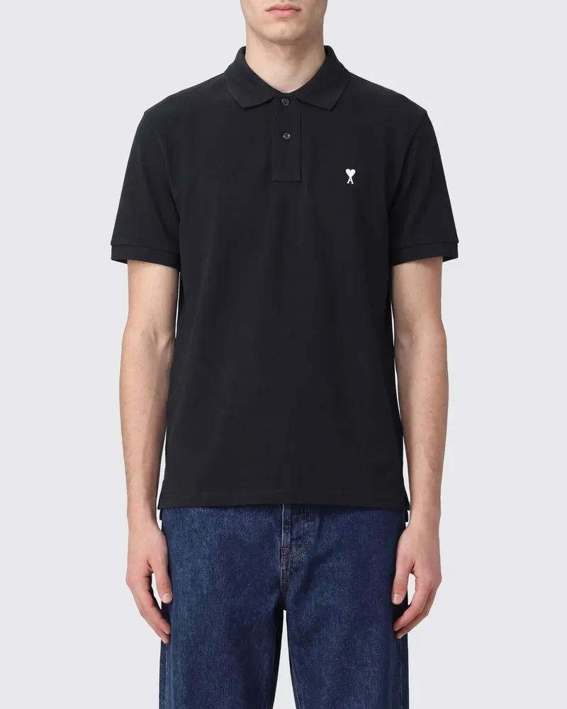 AMI Paris Kurzärmeliges Baumwoll-Poloshirt von mit gesticktem Logo Schwarz