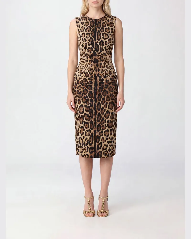 Dolce & Gabbana DOLCE  GABBANA Midi-Etuikleid aus Seide Dolce & Gabbana mit Animal-Print und quadratischem Ausschnitt Braun