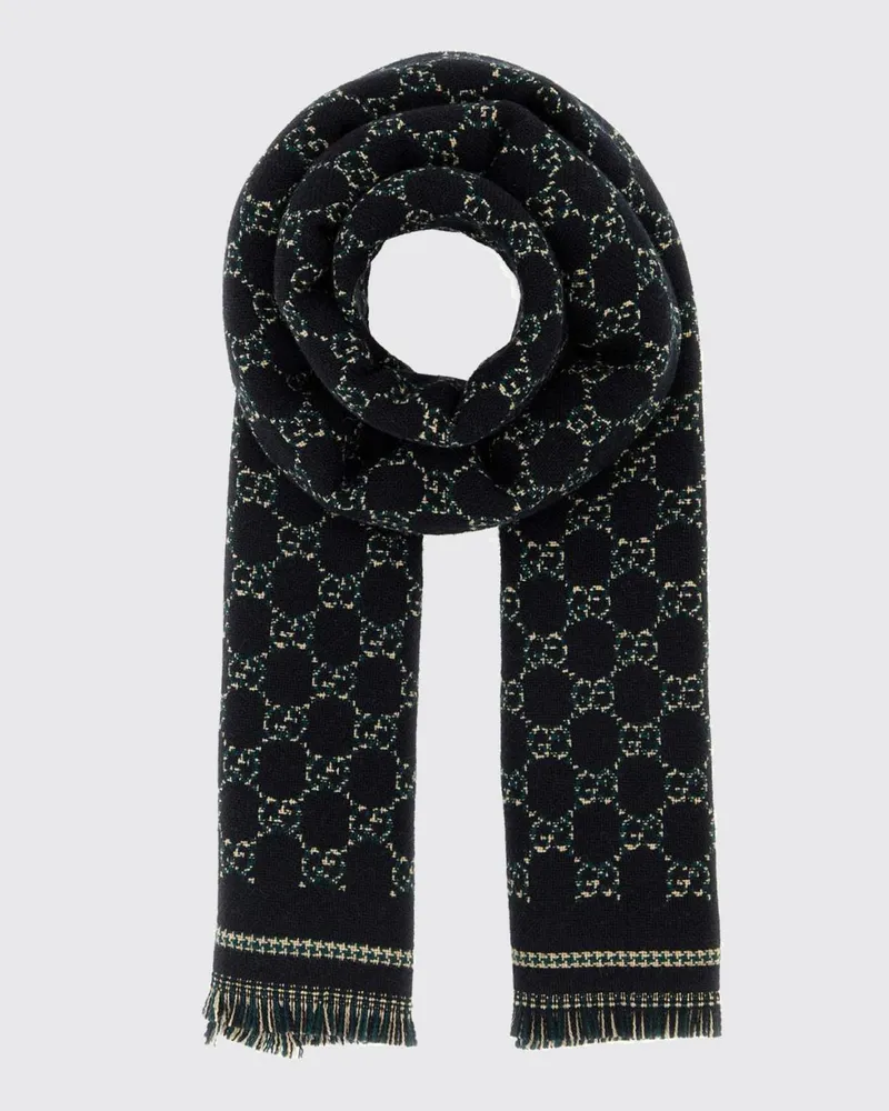 Gucci Wollschal mit durchgehendem GG-Muster und Fransenkanten Schwarz