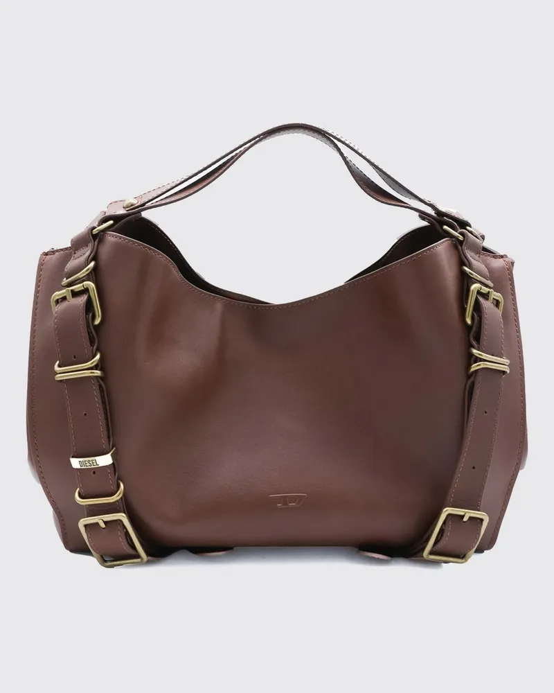 Diesel D-One Handtasche aus Glattleder mit Oval-D-Logo und Schulterriemen Braun