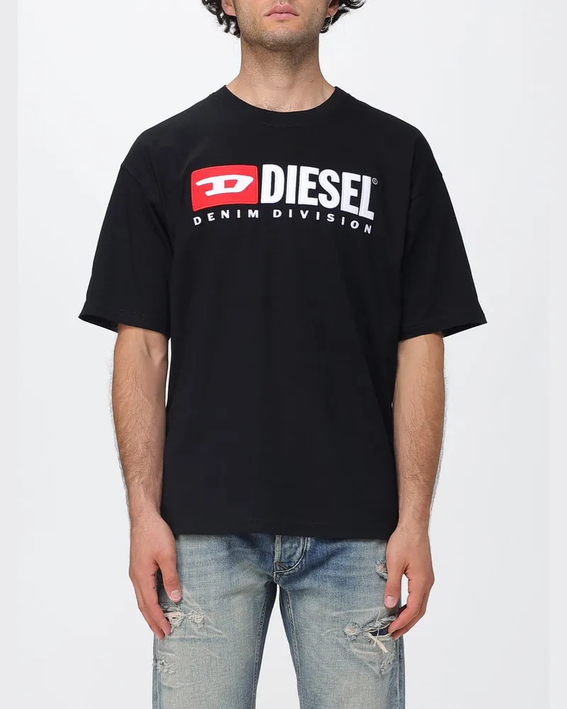 Diesel Baumwoll-T-Shirt mit Rundhalsausschnitt, Kontrastlogo und überschnittenen Schultern Schwarz