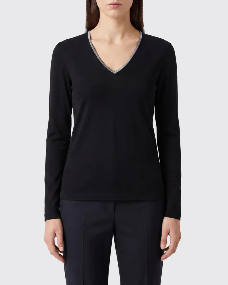Fabiana Filippi Langärmeliges V-Ausschnitt T-Shirt aus Baumwolle mit Kontrastbesätzen Blau