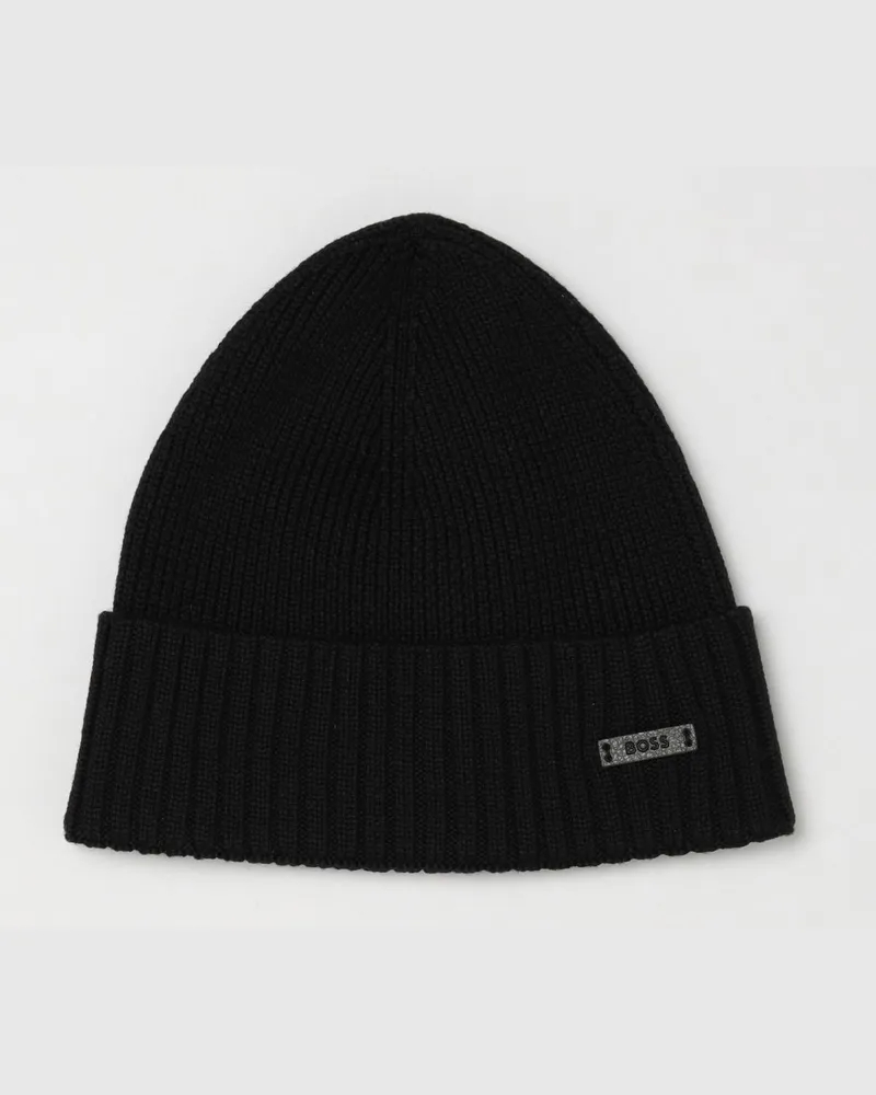 HUGO BOSS Beanie-Mütze aus reiner Rippenwolle mit Umschlag und Metall-Logo Schwarz