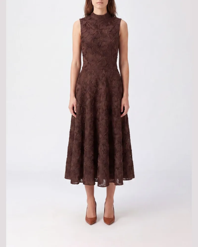 ROTATE Birger Christensen Schulterfreies Midi-Kleid von aus Mesh mit Blumendruck und ausgestelltem Rock Braun