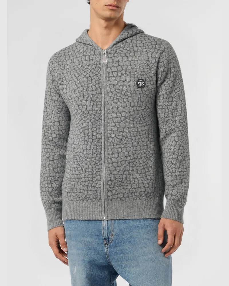 Philipp Plein Kapuzenpullover aus Wolle und Kaschmir mit Animal-Print Grau