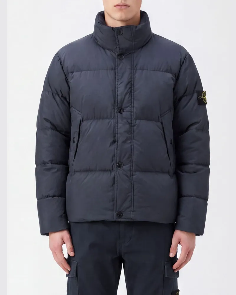 Stone Island Kurze, gesteppte, wasserabweisende Nylon-Daunenjacke mit Logo Navy