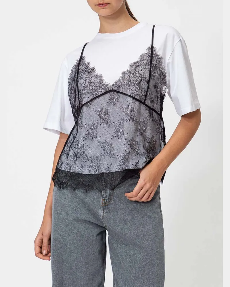 Twin-Set Baumwoll-T-Shirt mit Spitzeneinsätzen und überschnittenen Schultern Weiß
