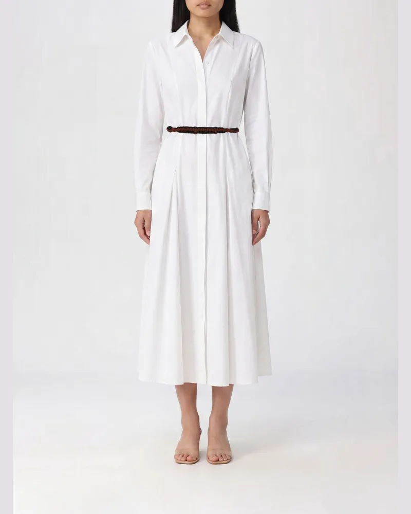 Max Mara Midi-Hemdblusenkleid aus Baumwolle mit Gürtel und langen Ärmeln Weiß