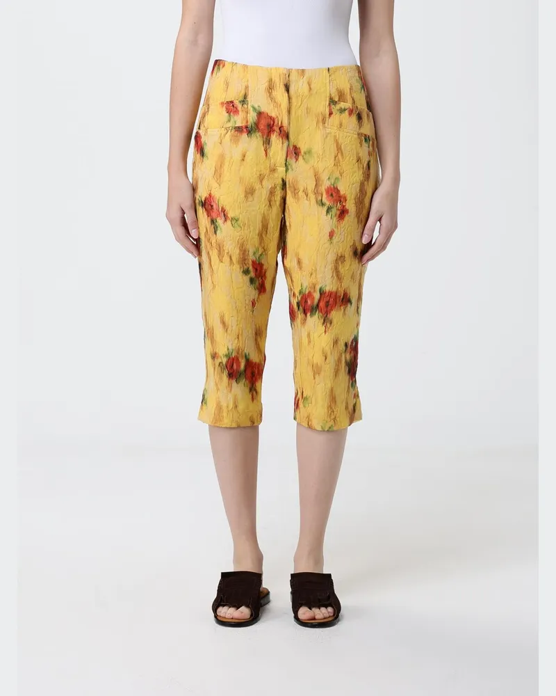 Ganni Cropped Hose aus Baumwolle mit Blumenprint Gelb