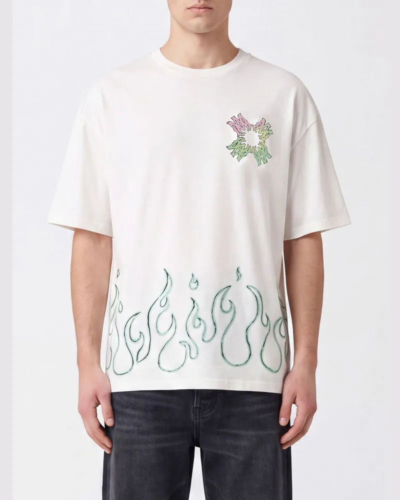 Amiri Baumwoll-T-Shirt mit Flammen-Monogramm-Print und überschnittenen Schultern Ivory
