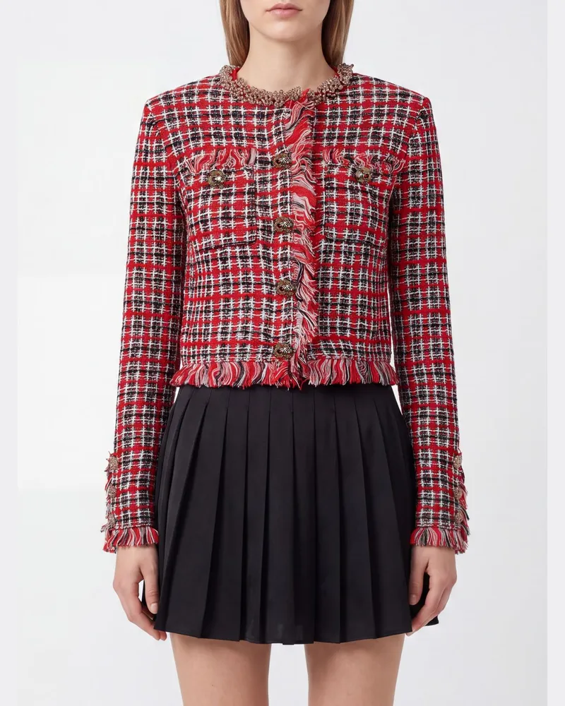 Self-Portrait Kurzer karierter Tweed-Blazer mit Rundhalsausschnitt und Fransen-Saum Rot