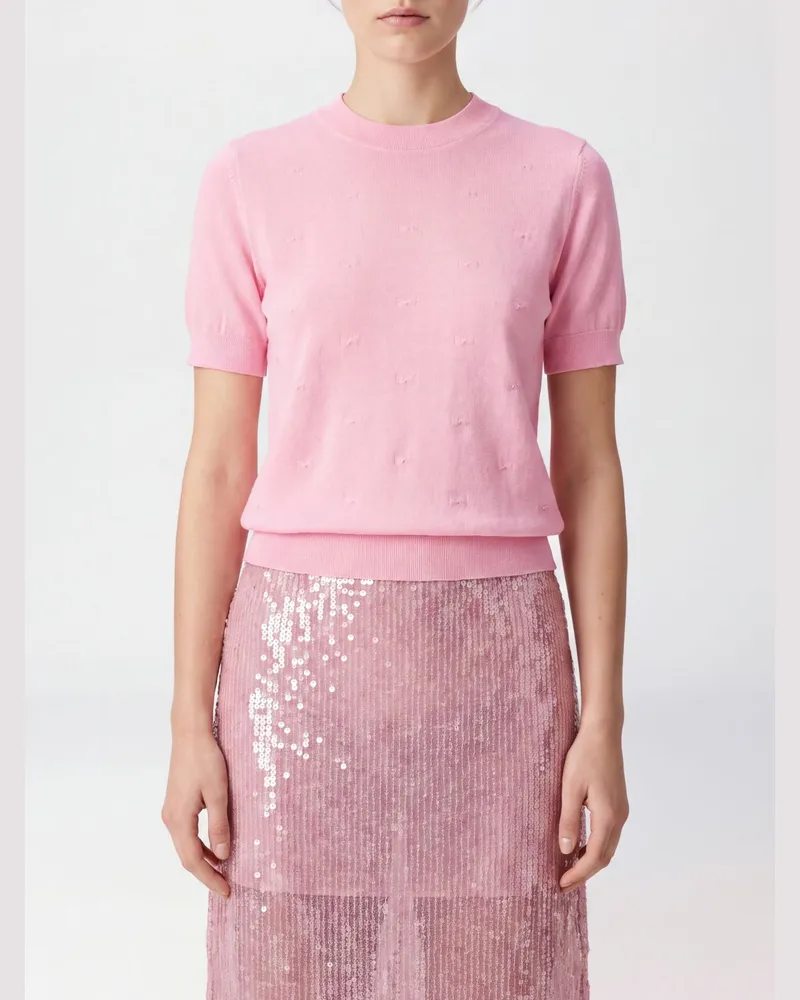 Cecilie Bahnsen Kurzärmeliges Top aus Polyamid-Ramie-Mischung mit Rundhalsausschnitt Pink