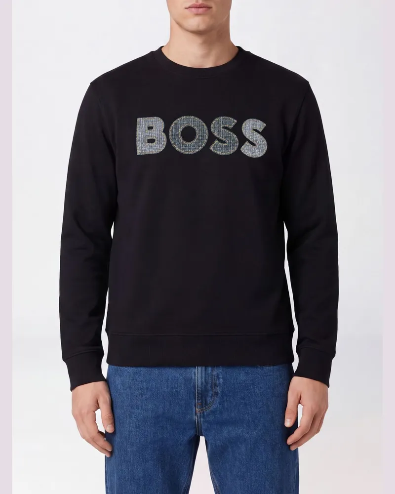 HUGO BOSS Sweatshirt aus Baumwolle mit Logo-Print und Rippbündchen Schwarz