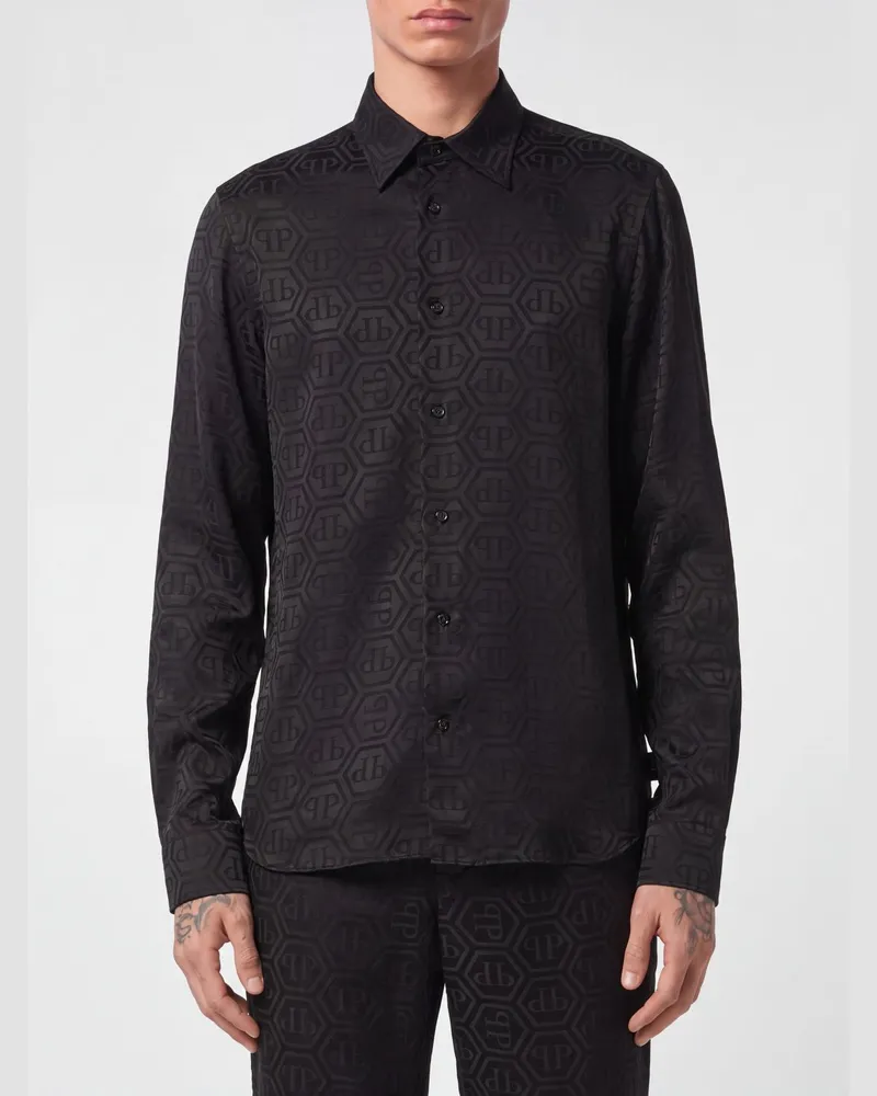 Philipp Plein Seidenhemd mit Allover-Monogramm-Print und Hexagon-Logo Schwarz