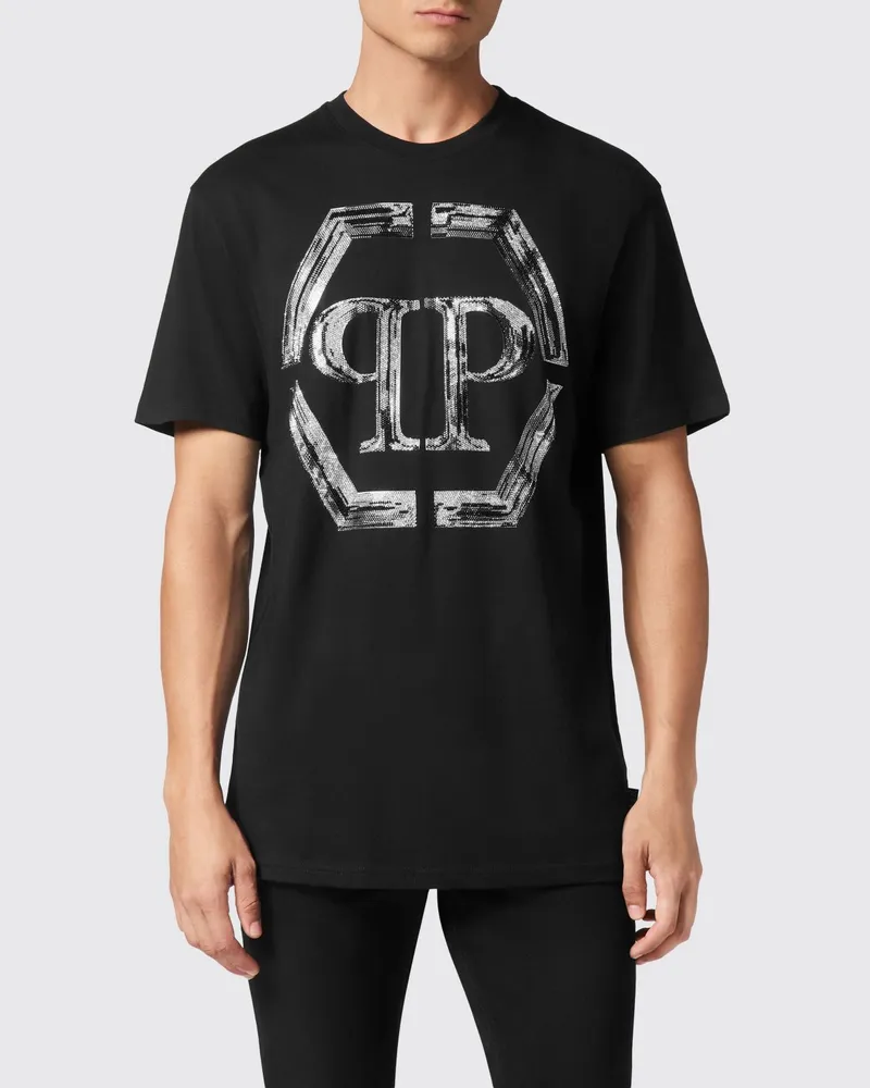 Philipp Plein Baumwoll-T-Shirt mit Monogramm und Strass-Hexagon-Logo Schwarz