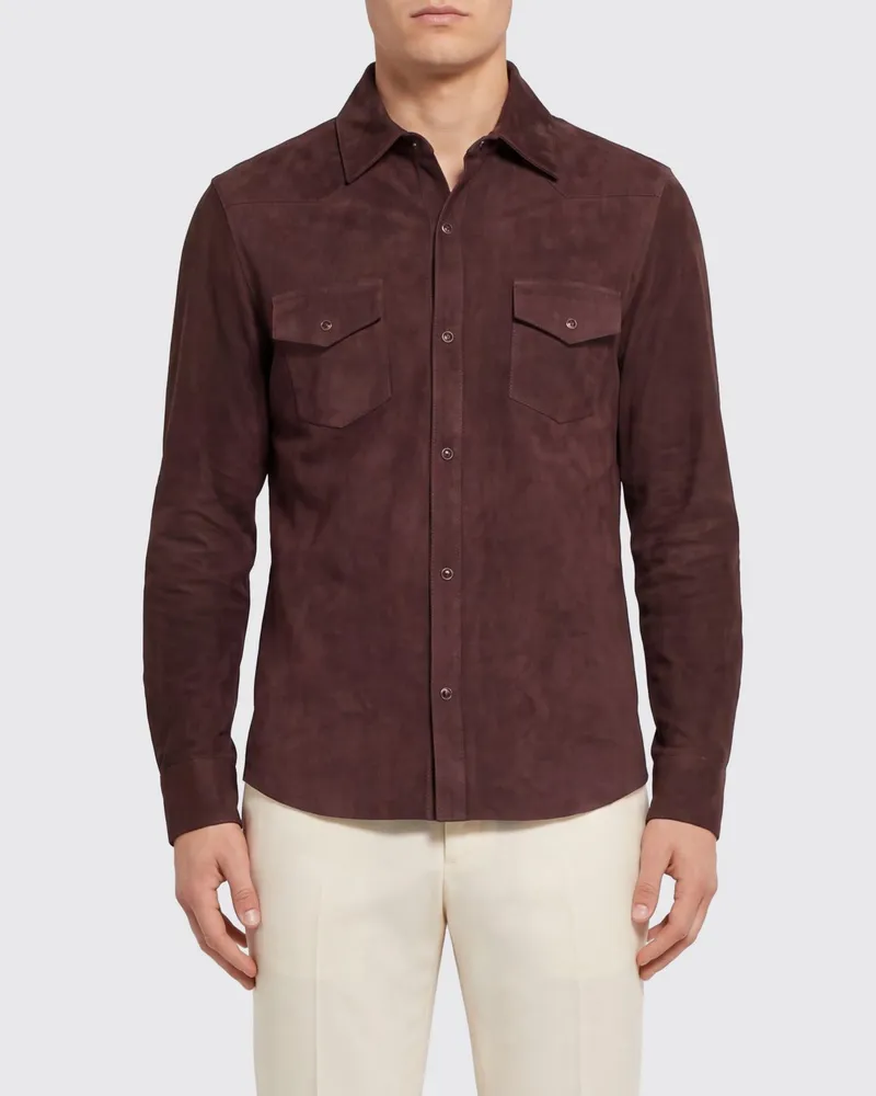 Eleventy Slim-Fit-Hemd aus Wildleder mit aufgesetzten Taschen Burgunderrot