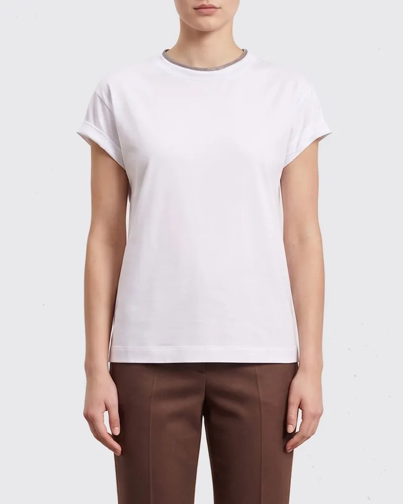 Brunello Cucinelli Kurzarm-T-Shirt aus Baumwolle mit Monili-Stickerei Weiß