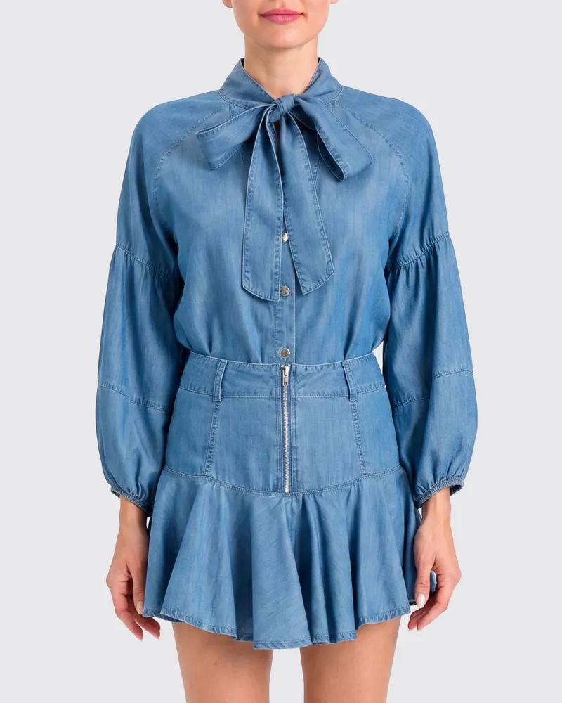 Twin-Set Lyocell-Bluse mit Schluppenkragen und Ballonärmeln Denim