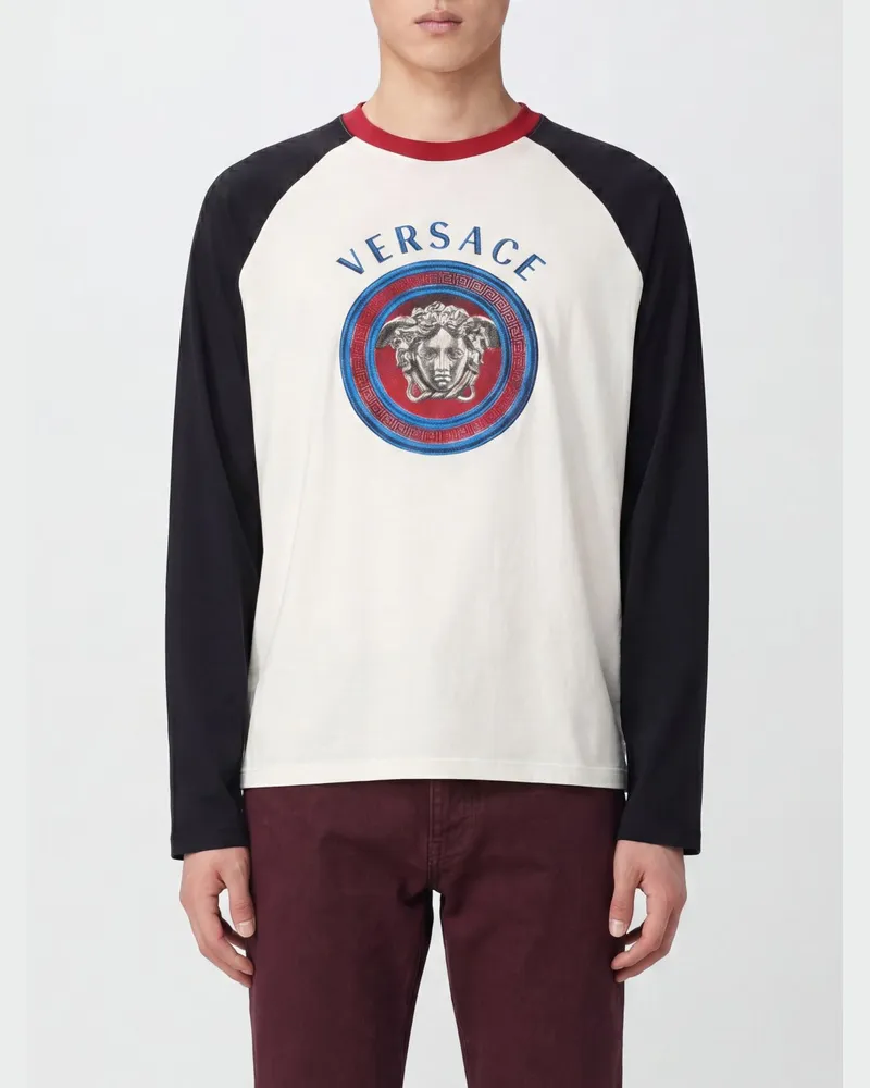 Versace Langärmeliges Baumwoll-T-Shirt mit Medusa-Logo und Kontrastbesätzen Weiß