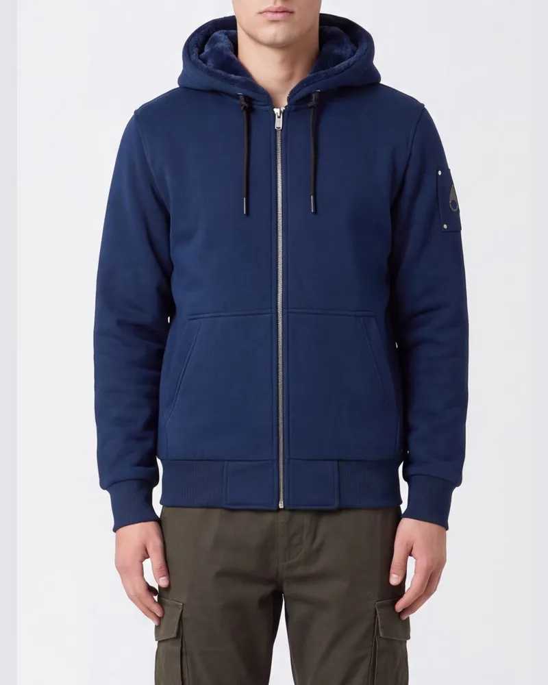 Moose Knuckles Kapuzen-Sweatjacke aus Baumwollmischung mit Kängurutasche Blau