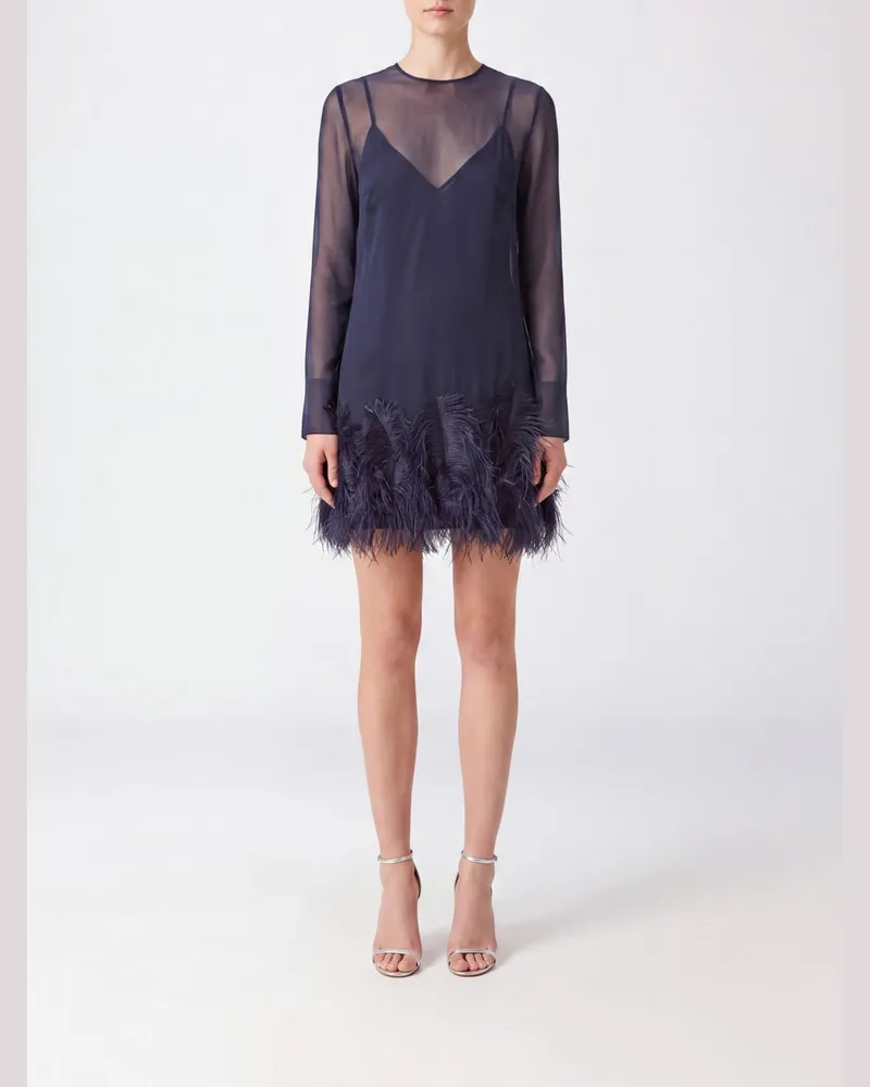 Semicouture Langärmeliges Mini-Etuikleid aus Chiffon mit Federn Schwarz