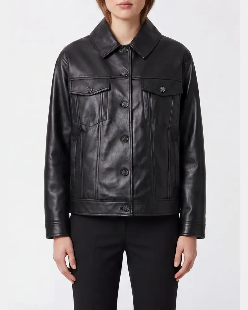 Anine Bing Kalbslederjacke mit klassischem Kragen und aufgesetzten Taschen Schwarz