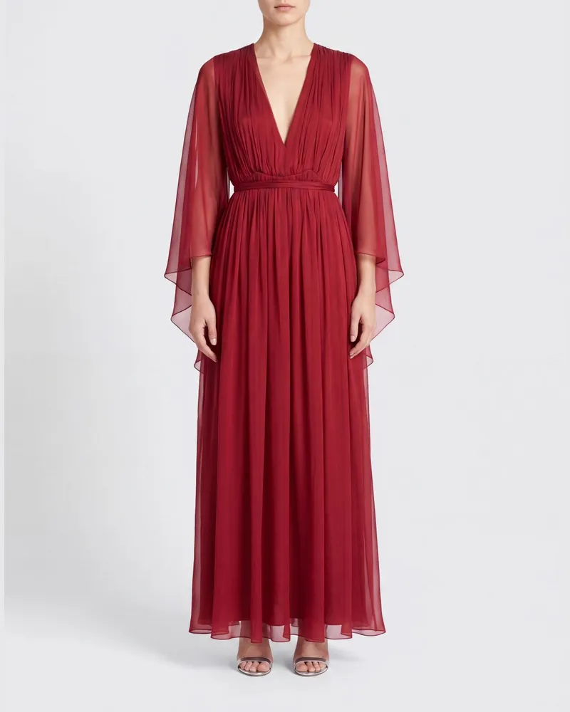 Alberta Ferretti Langes Seiden-Abendkleid von mit V-Ausschnitt und langen Ärmeln Rot