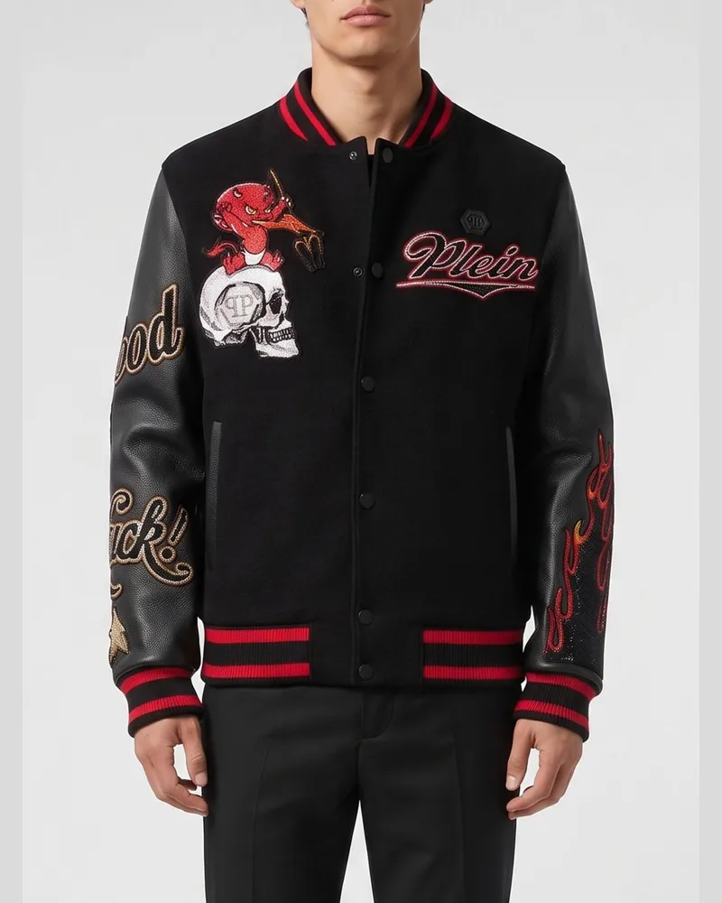Philipp Plein Leder Varsity-Bomberjacke mit Skull-Stickerei und Strass Schwarz