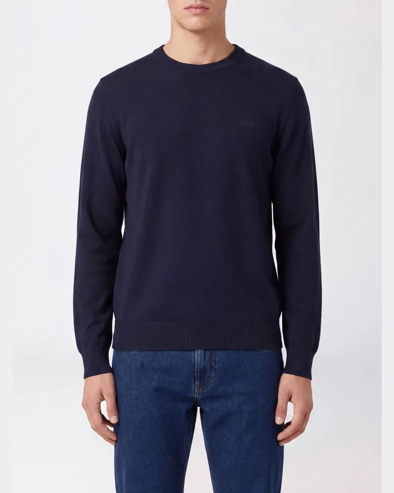 HUGO BOSS Pullover mit Rundhalsausschnitt aus reiner Wolle mit langen Ärmeln Blau