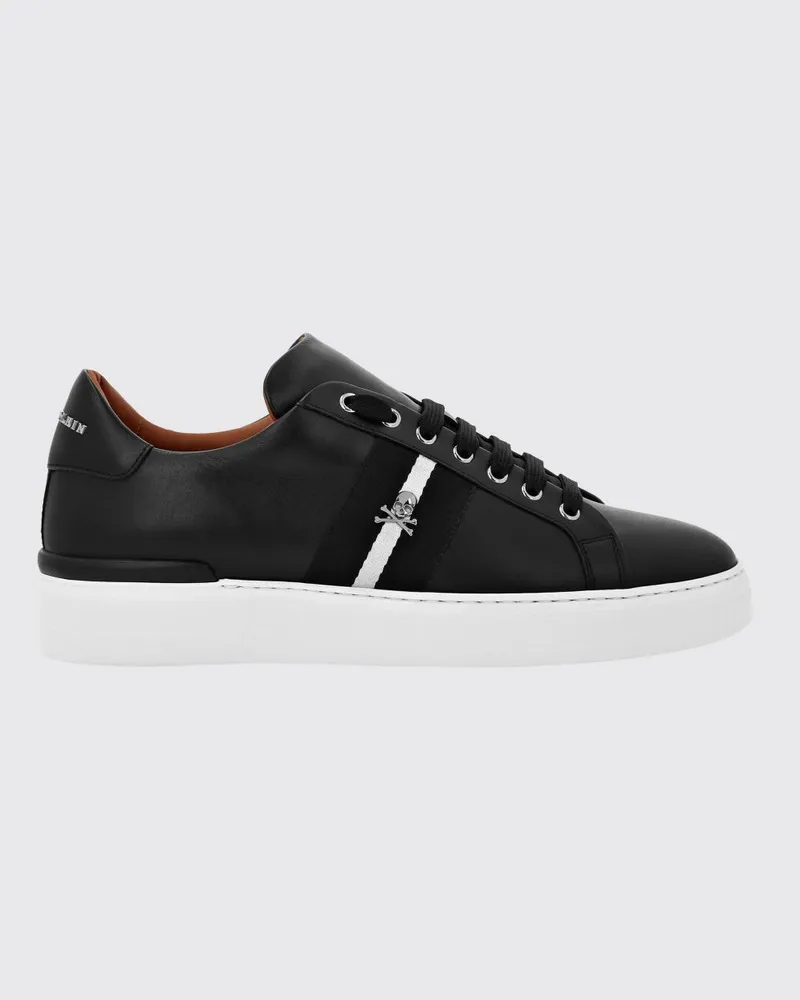 Philipp Plein Niedrige Skull Leder-Sneaker mit Streifen-Print Schwarz