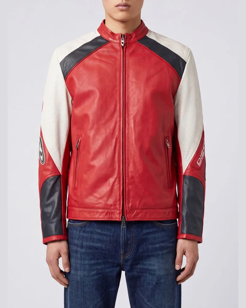 Diesel zweifarbige Bikerjacke aus Ziegenleder mit Oval D-Logo Rot