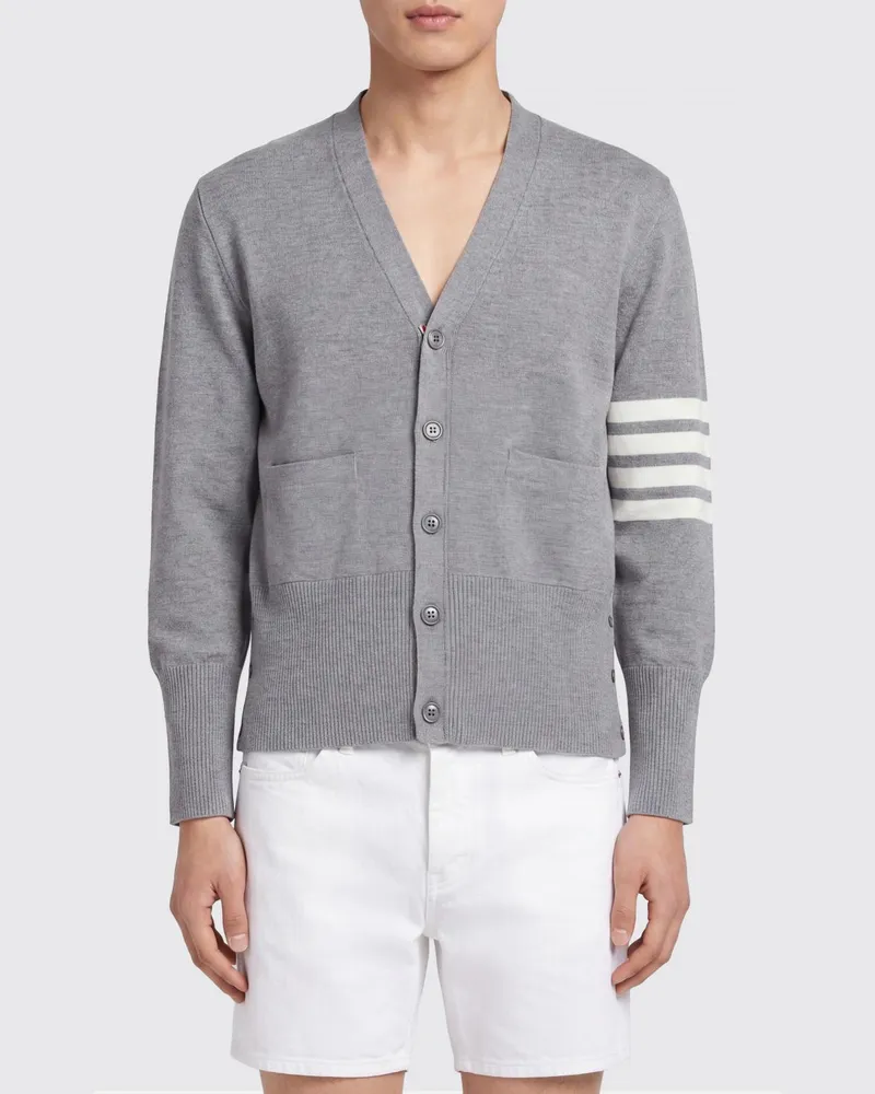 Thom Browne Woll-Cardigan mit V-Ausschnitt mit ikonischem Bar-Detail Grau