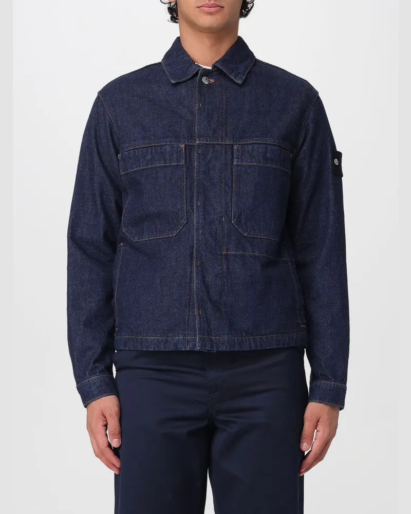 Stone Island Jeansjacke aus Baumwolle mit Compass-Logo-Patch und aufgesetzten Taschen Blau